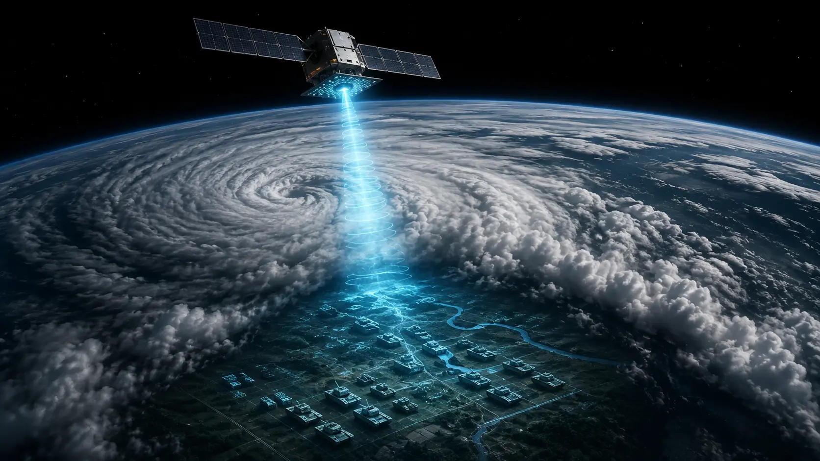 A conceptual digital illustration of a Sovereign SAR Constellation satellite piercing through cloud cover with X-band radar to illuminate military targets.