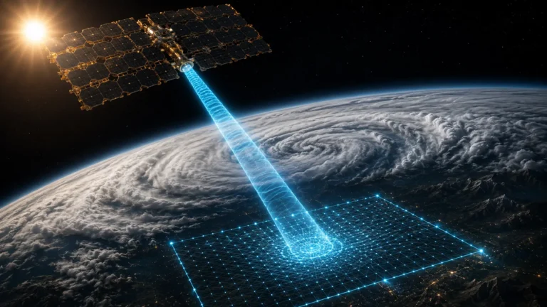A conceptual digital illustration of a Space-Based Solar Power (SBSP) satellite beaming invisible microwave energy to a terrestrial rectenna grid.