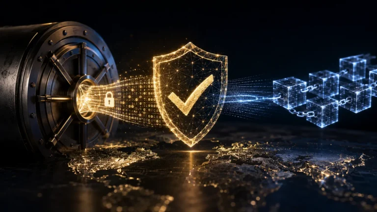A conceptual digital illustration of a Zero-Knowledge Proof (zk-SNARK) validating a private institutional transaction on a public blockchain network.