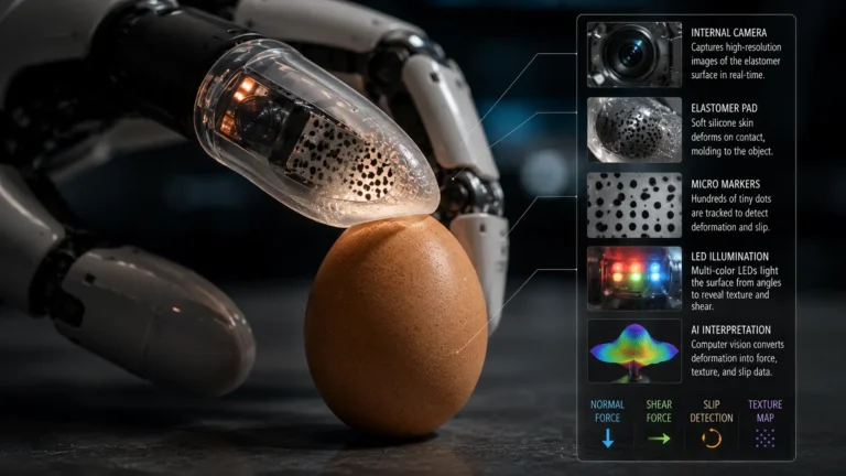 A conceptual digital illustration of a robotic finger using an elastomeric tactile sensor and an internal micro-camera to perfectly map the delicate surface of an egg.