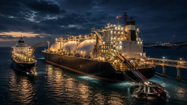 A conceptual digital illustration of an FSRU executing a ship-to-ship LNG transfer while injecting high-pressure gas into a submerged coastal pipeline.