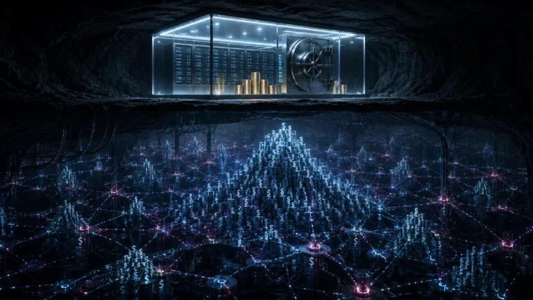 A conceptual digital illustration of the $80 trillion FX swap market hiding off-balance-sheet dollar debt within the global shadow banking system.