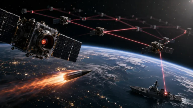 A conceptual digital illustration of the Proliferated Warfighter Space Architecture (PWSA) mesh network in Low Earth Orbit tracking a hypersonic missile.