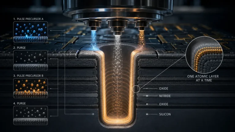 A conceptual digital render of Atomic Layer Deposition (ALD) flawlessly coating the inside of a microscopic 3D NAND memory trench.