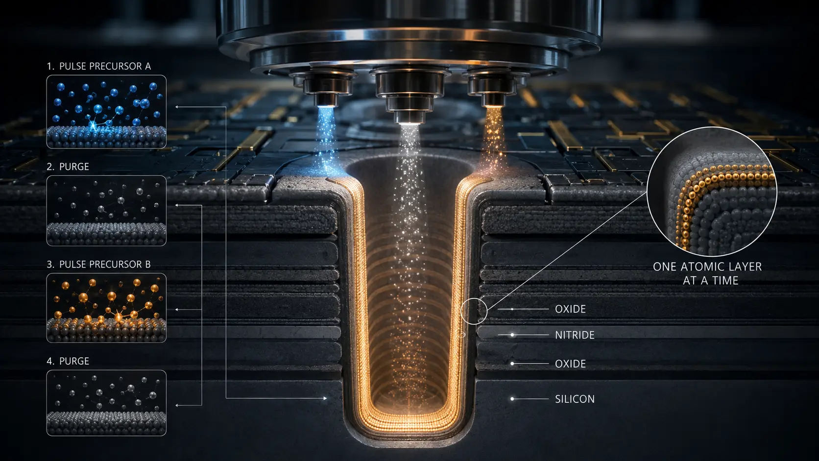 A conceptual digital render of Atomic Layer Deposition (ALD) flawlessly coating the inside of a microscopic 3D NAND memory trench.