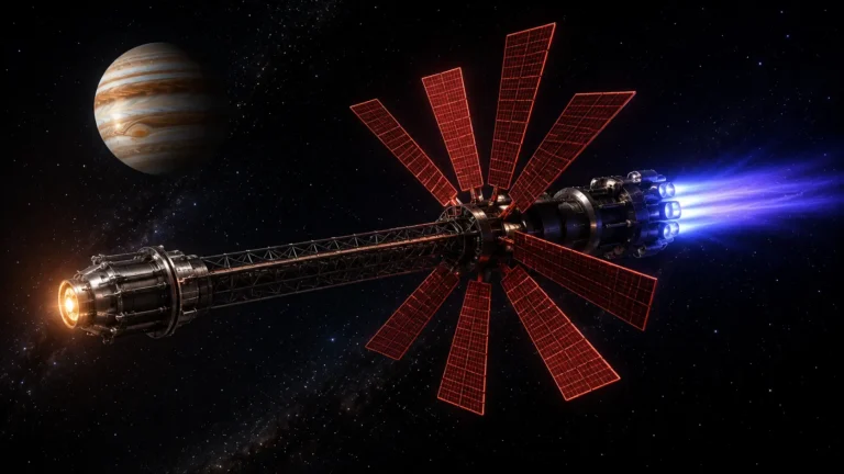 A conceptual digital render of a Nuclear Electric Propulsion (NEP) spacecraft firing its ion thrusters in deep space.