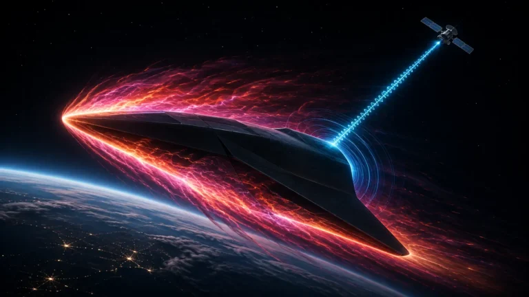 A conceptual digital render of a hypersonic glide vehicle piercing an aerothermal plasma blackout using magnetic windowing.