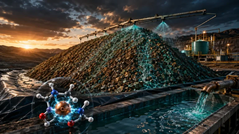 A conceptual digital render of bio-hydrometallurgy and glycine leaching extracting pure copper from chalcopyrite waste rock.