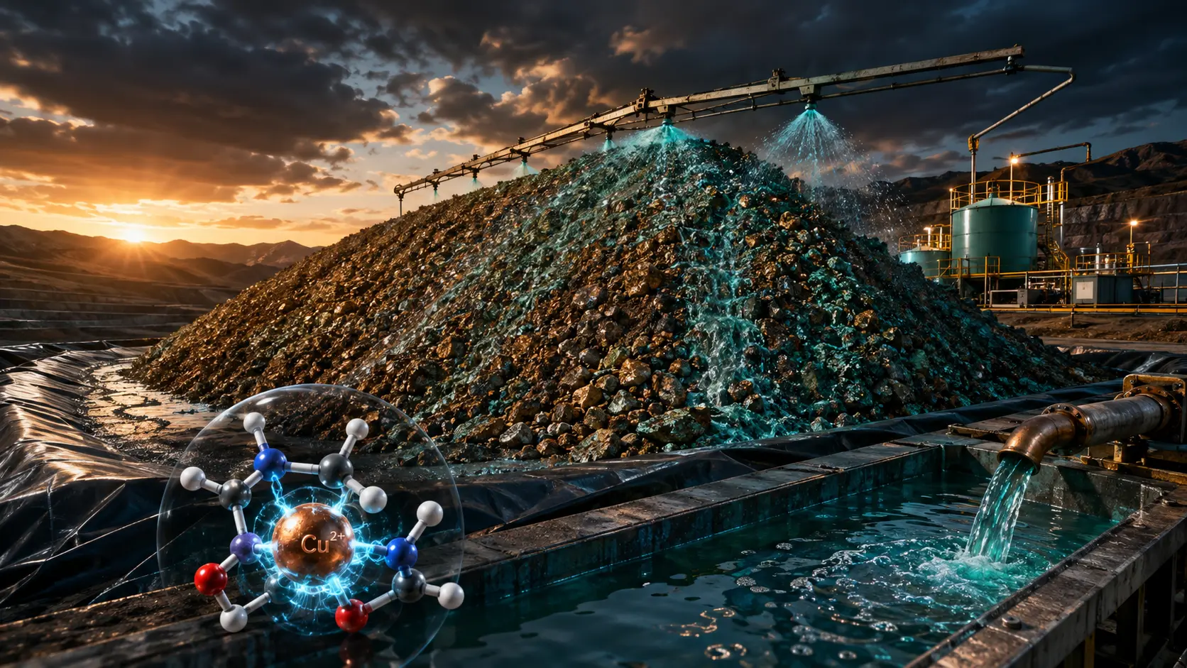 A conceptual digital render of bio-hydrometallurgy and glycine leaching extracting pure copper from chalcopyrite waste rock.
