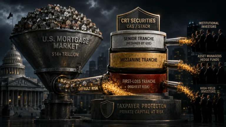 A conceptual digital representation of Credit Risk Transfer (CRT) dividing mortgage default risk into institutional investment tranches.