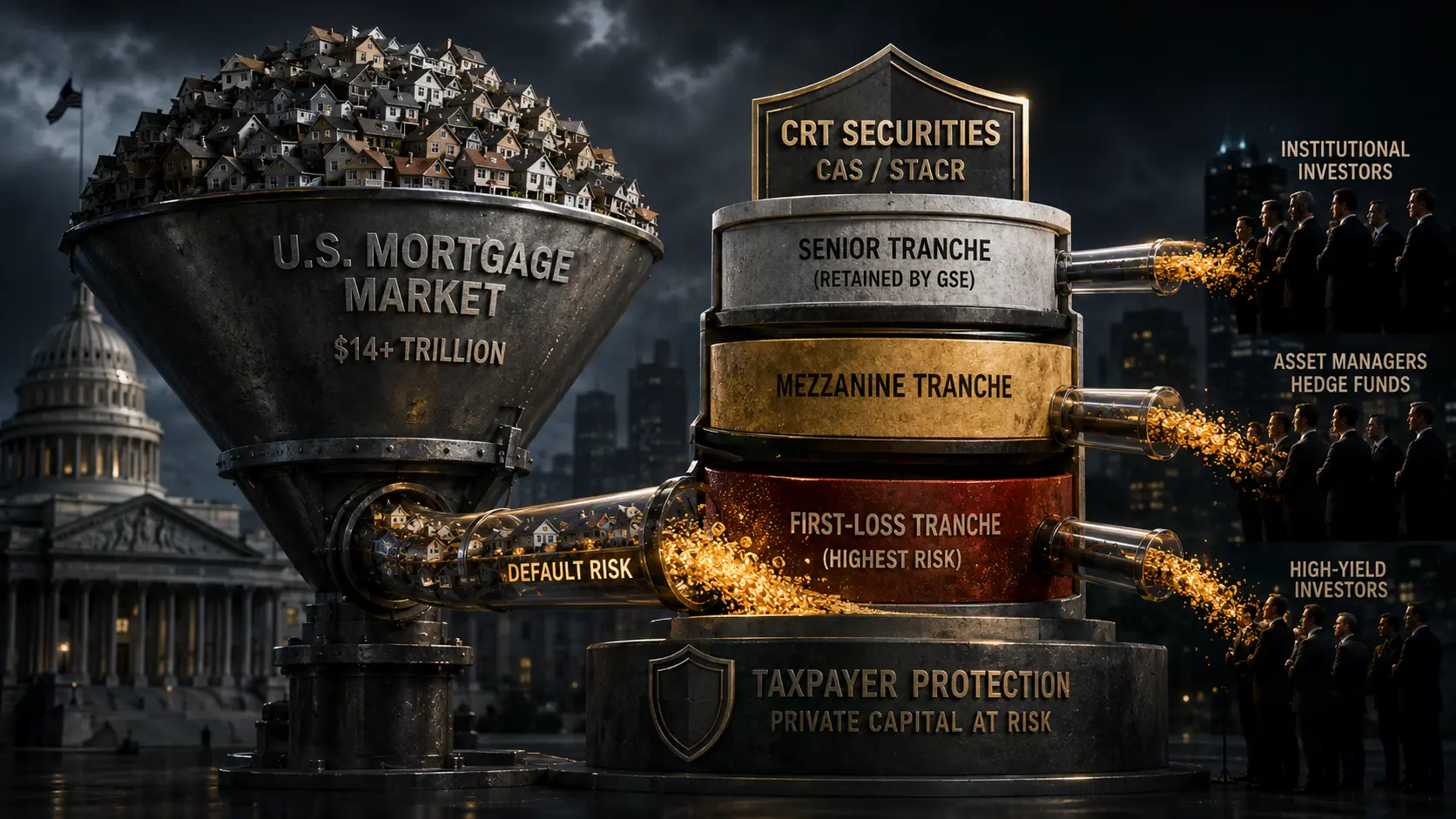 A conceptual digital representation of Credit Risk Transfer (CRT) dividing mortgage default risk into institutional investment tranches.