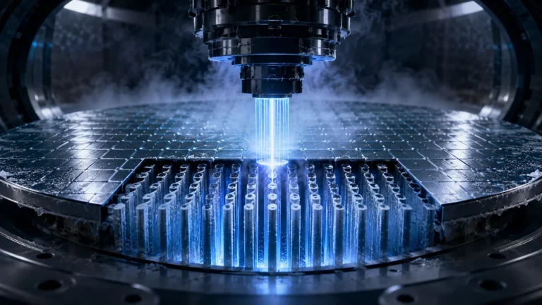 A conceptual digital representation of Cryogenic Dielectric Etching carving a high-aspect-ratio memory hole in a 3D NAND silicon wafer.