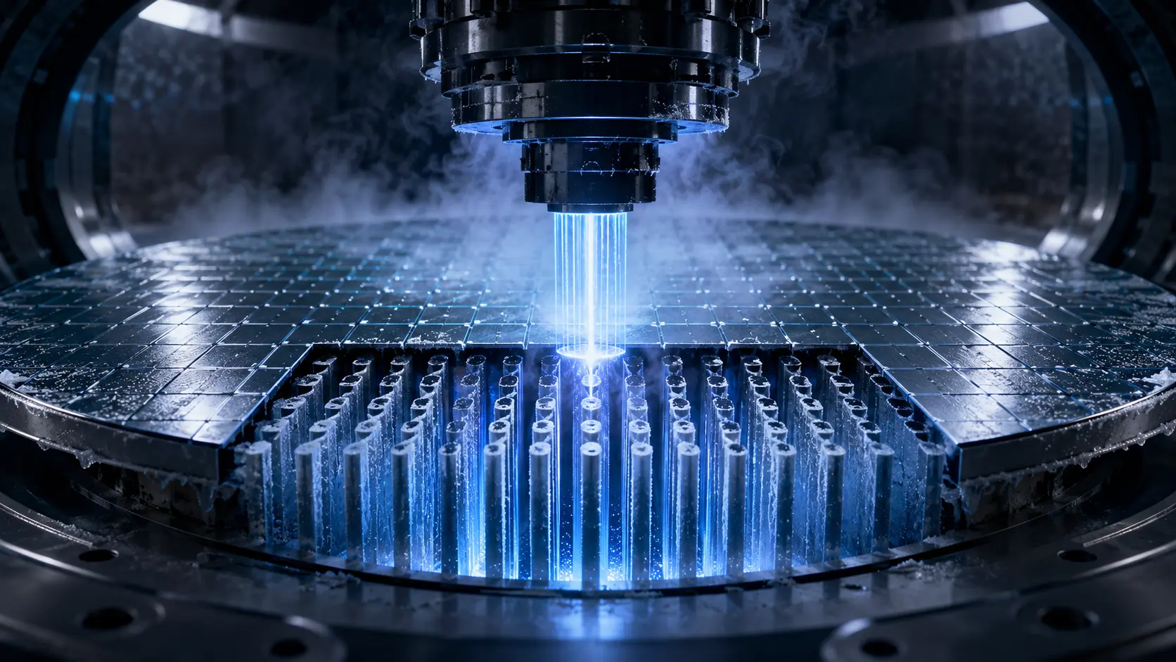A conceptual digital representation of Cryogenic Dielectric Etching carving a high-aspect-ratio memory hole in a 3D NAND silicon wafer.
