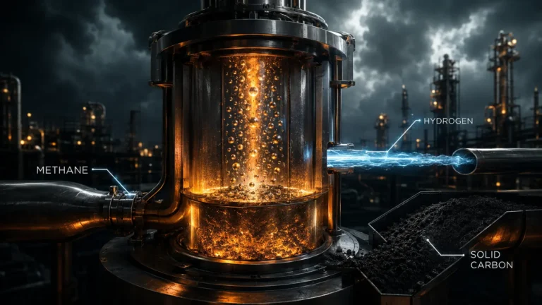 A conceptual digital representation of Direct Methane Pyrolysis splitting natural gas into turquoise hydrogen and solid carbon black.