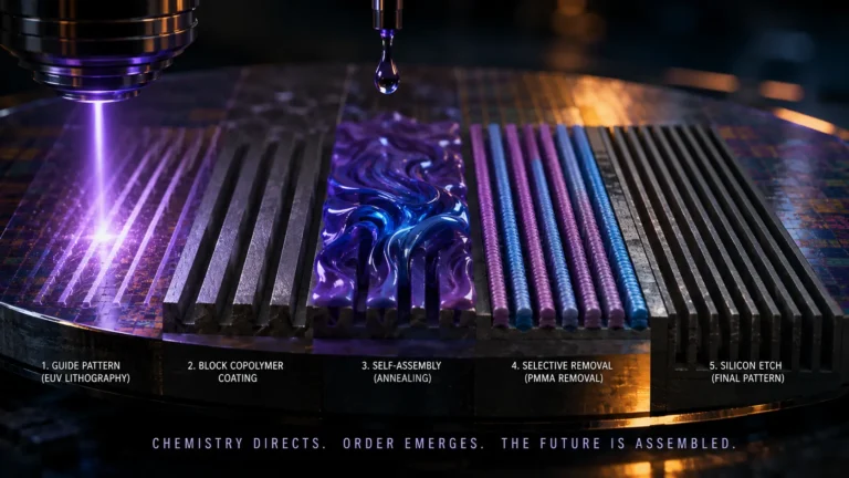 A conceptual digital representation of Directed Self-Assembly (DSA) using block copolymers to form perfect nanoscale lithography lines on a silicon wafer.