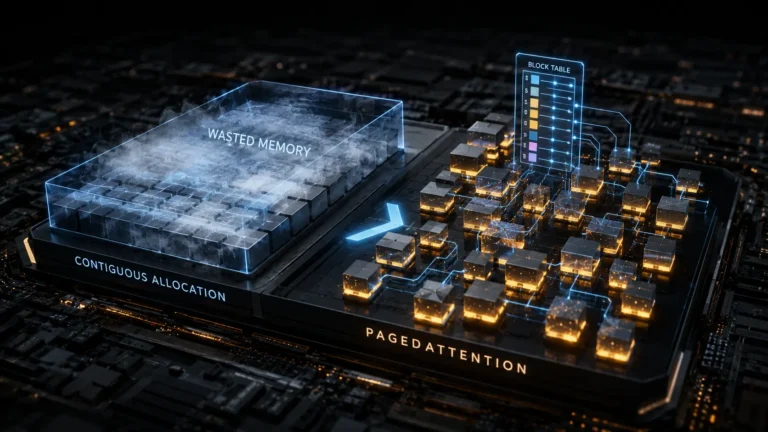 A conceptual digital representation of PagedAttention dynamic block allocation eliminating KV cache fragmentation in an AI GPU.