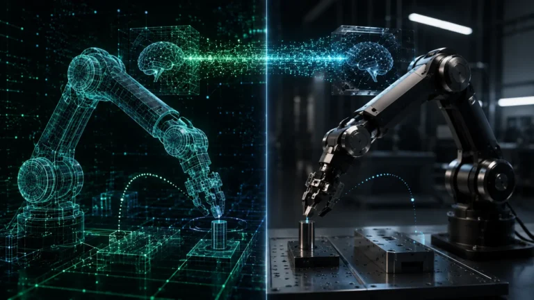 A conceptual digital representation of Sim-to-Real Transfer, connecting a simulated robotic arm to a physical robot in the real world.
