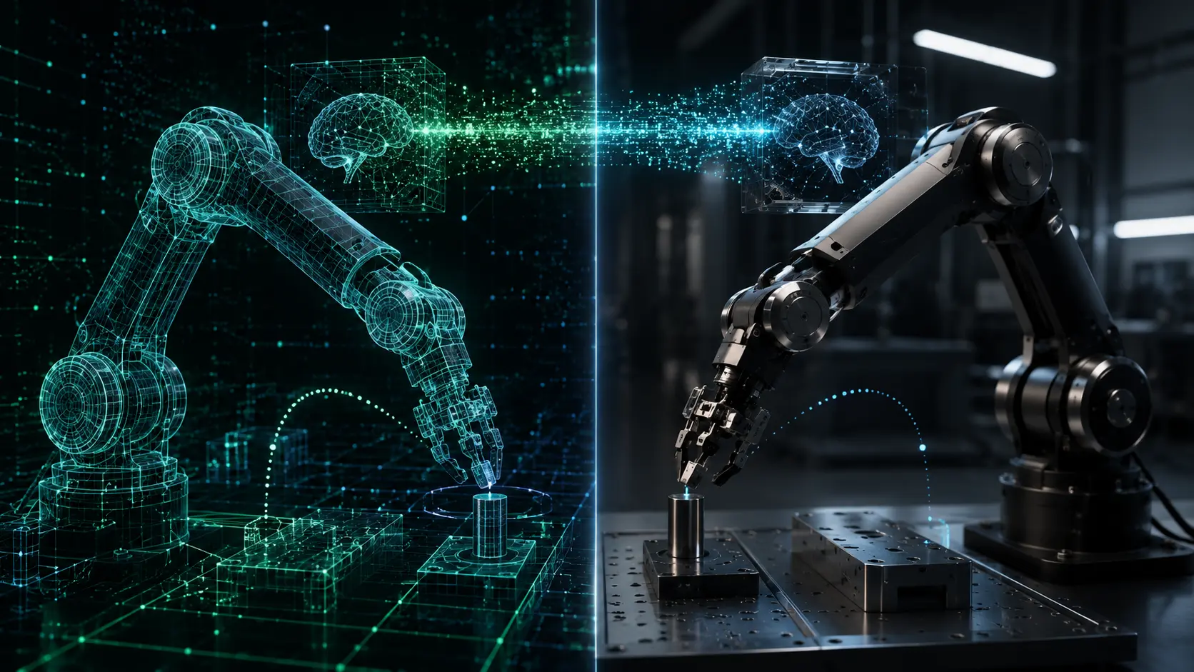 A conceptual digital representation of Sim-to-Real Transfer, connecting a simulated robotic arm to a physical robot in the real world.