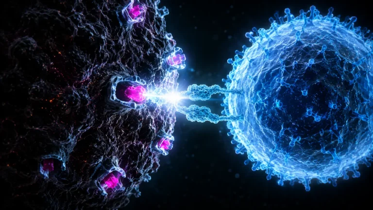 A conceptual digital representation of TCR-T cell therapy, showing an engineered T-cell receptor binding to an HLA complex to detect intracellular cancer peptides.