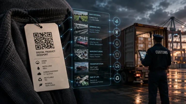 A conceptual digital representation of a Digital Product Passport (DPP) projecting supply chain traceability data from a physical garment tag.