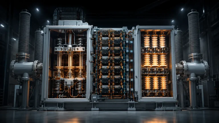 A conceptual digital representation of a Hybrid HVDC Circuit Breaker safely commutating an electrical fault on an offshore supergrid.