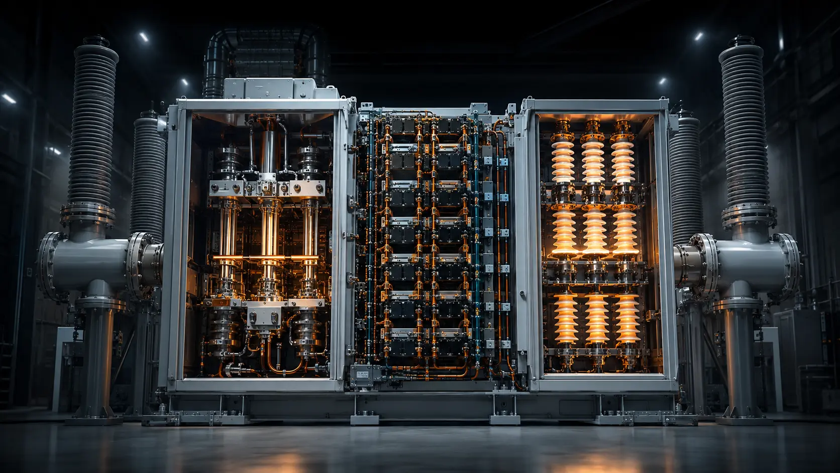A conceptual digital representation of a Hybrid HVDC Circuit Breaker safely commutating an electrical fault on an offshore supergrid.