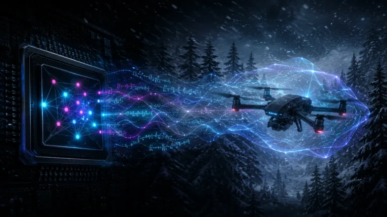 A conceptual digital representation of a Liquid Neural Network (LNN) dynamically adapting to guide an autonomous drone through a winter storm.