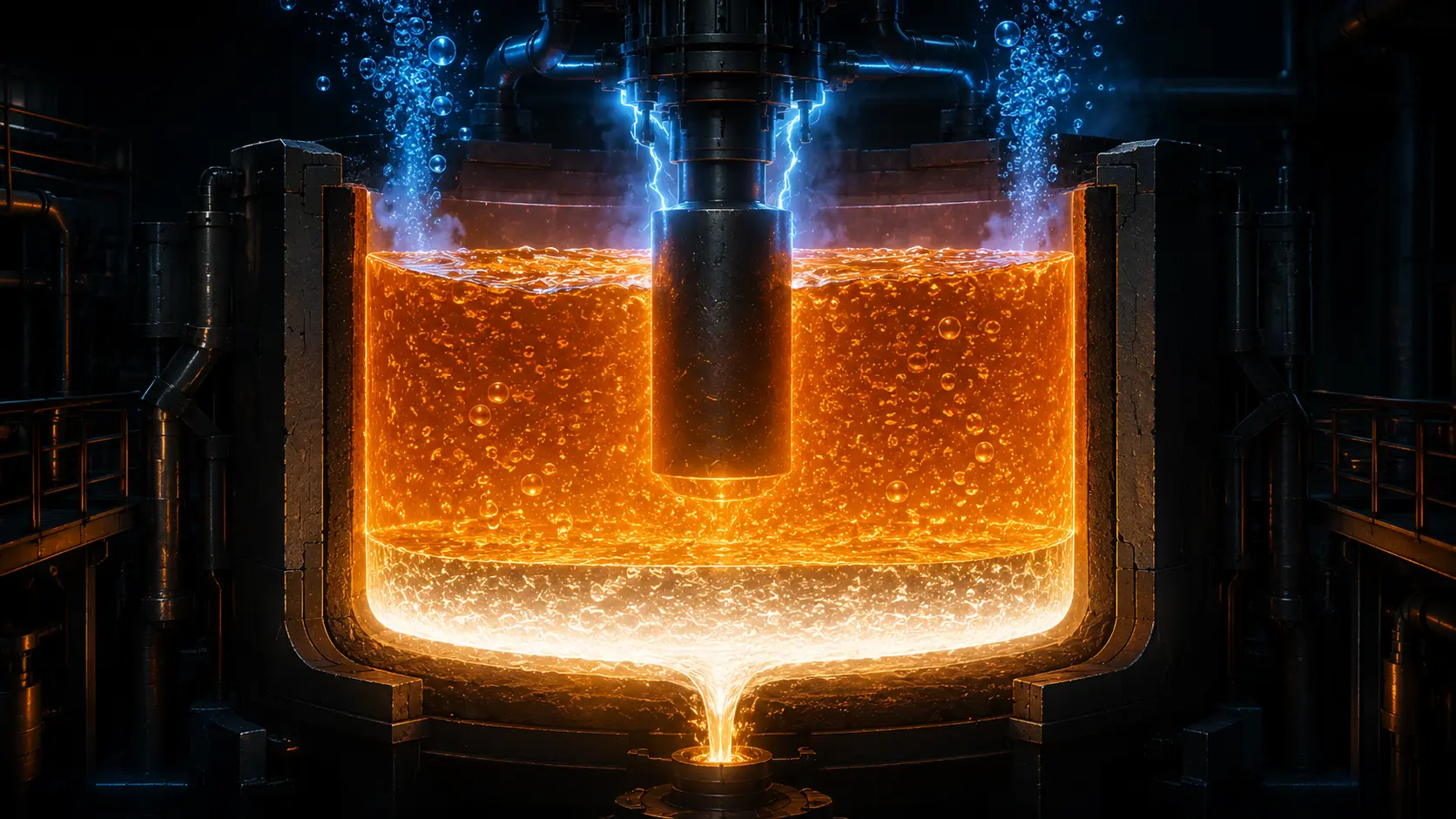 A conceptual digital representation of a Molten Oxide Electrolysis (MOE) reactor extracting pure liquid metal and oxygen using an inert anode.