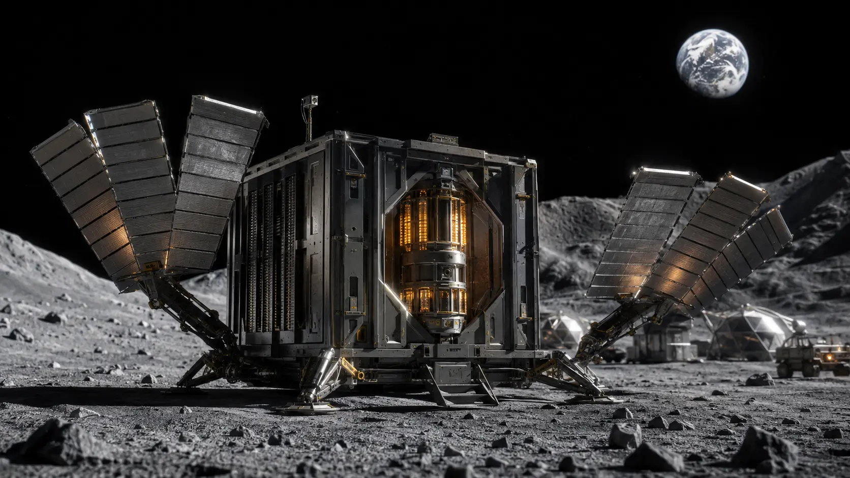 A conceptual digital representation of a NASA Space Fission Surface Power (FSP) lunar nuclear reactor deployed on the Moon.