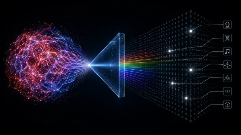 A conceptual digital representation of a Sparse Autoencoder (SAE) extracting monosemantic features from a dense LLM vector space.
