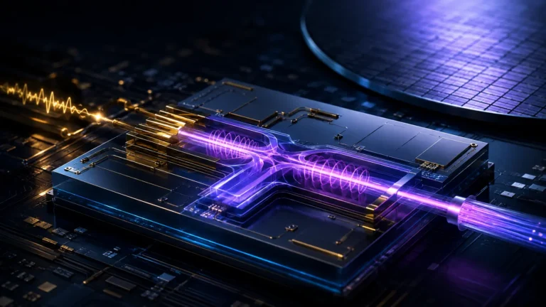 A conceptual digital representation of a Thin-Film Lithium Niobate (TFLN) optical modulator bypassing the silicon photonics power wall.
