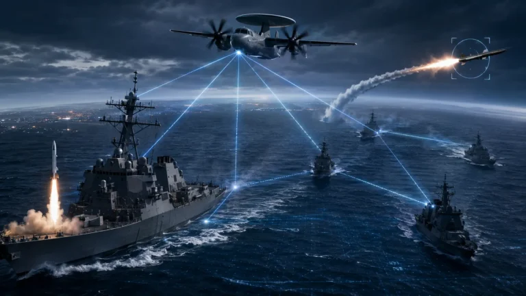 A conceptual digital representation of the Cooperative Engagement Capability (CEC) network guiding an SM-6 missile to an over-the-horizon target.