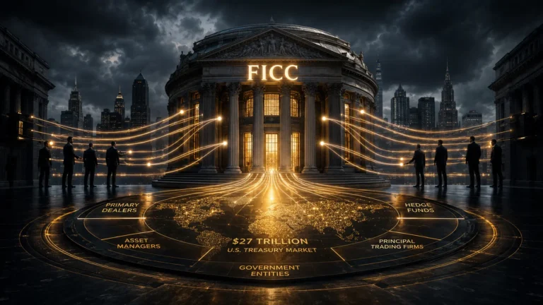 A conceptual digital representation of the FICC central clearing hub stabilizing the U.S. Treasury repo market.