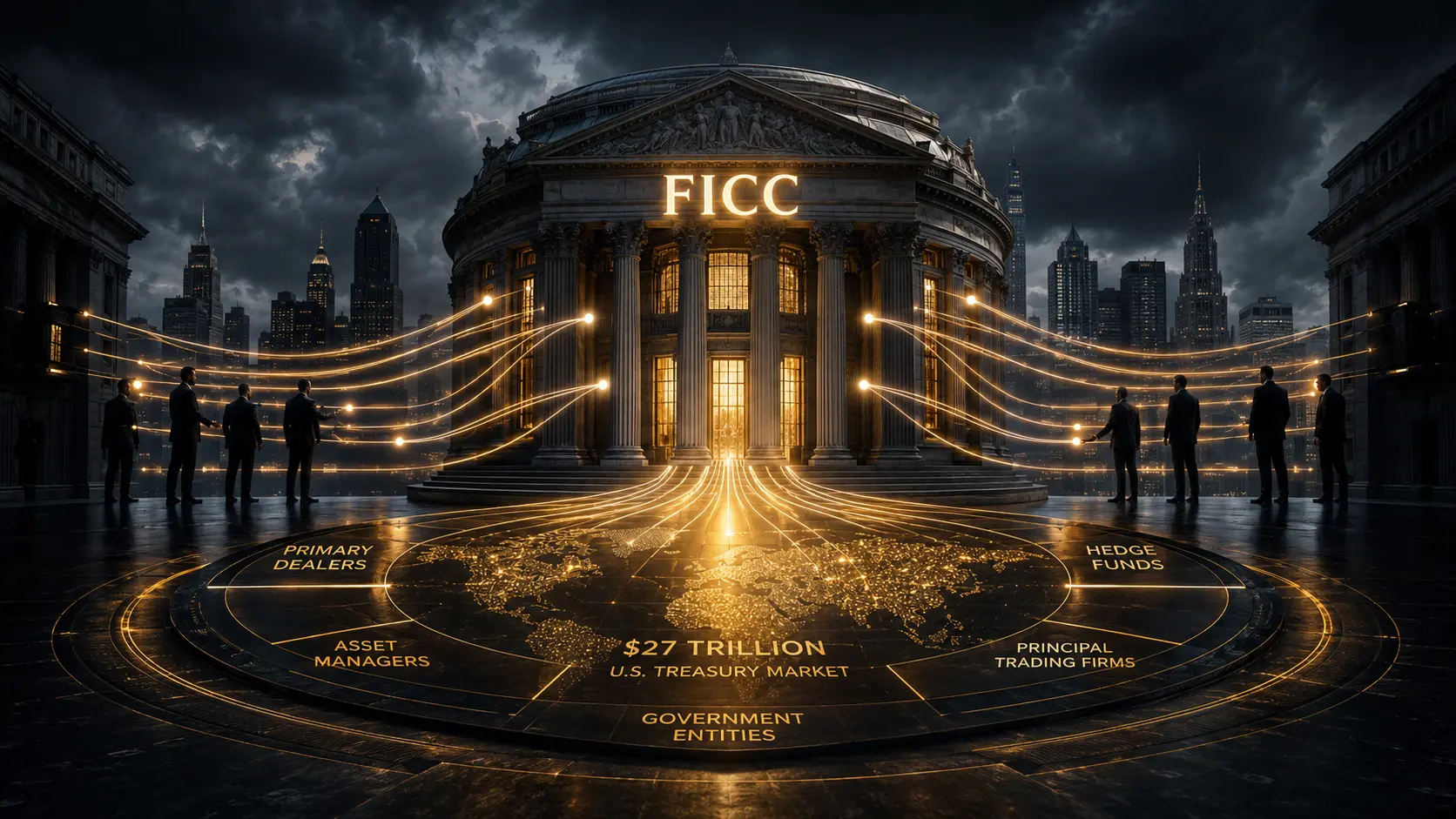 A conceptual digital representation of the FICC central clearing hub stabilizing the U.S. Treasury repo market.