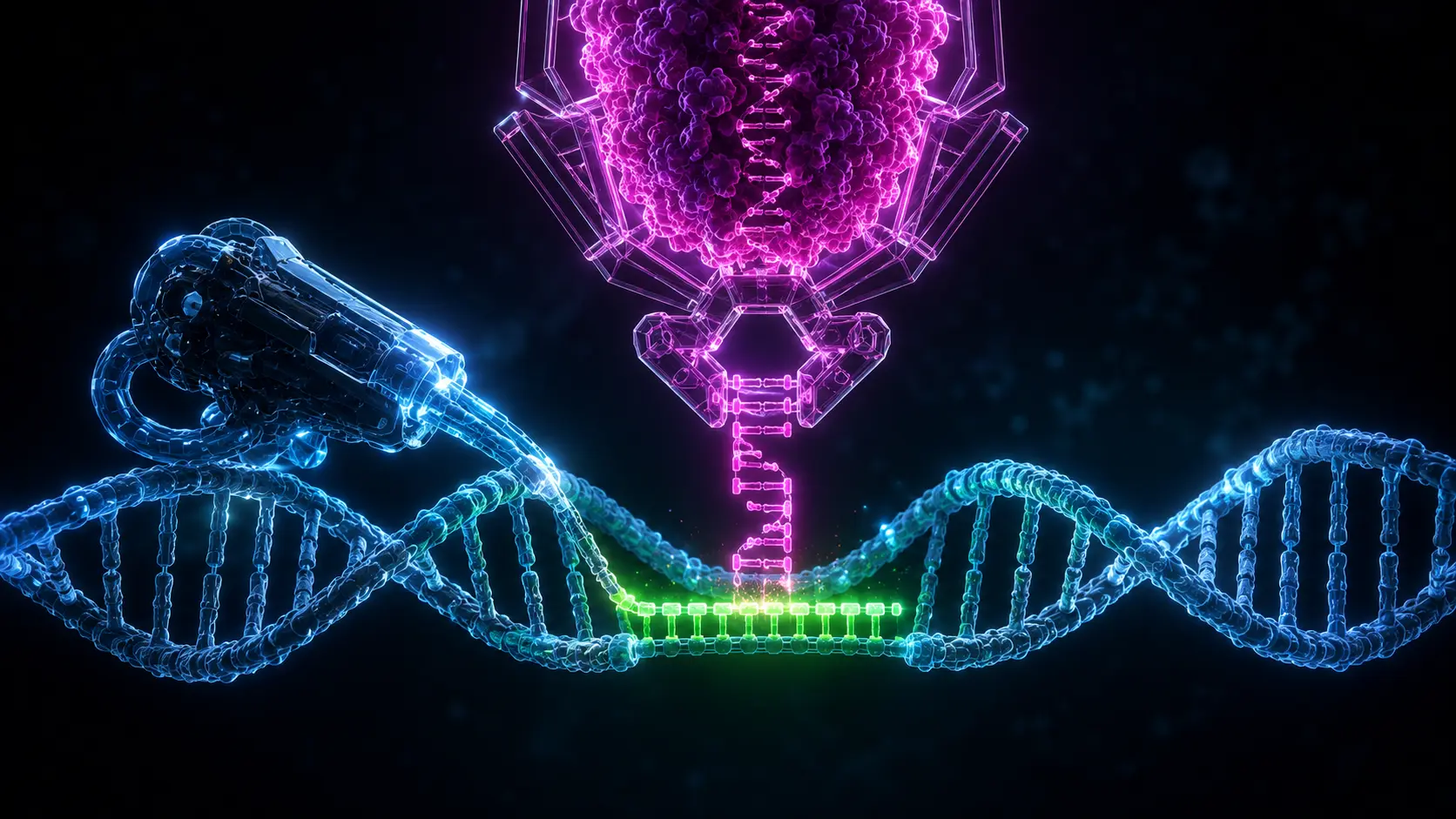 A conceptual digital representation of the PASSIGE and PASTE genomic editing technology seamlessly inserting a massive therapeutic DNA payload into a glowing double helix.