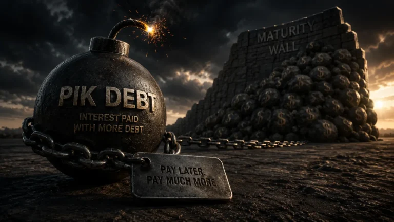 A conceptual financial chart showing the exponential growth of Payment-in-Kind (PIK) debt masking private credit defaults.