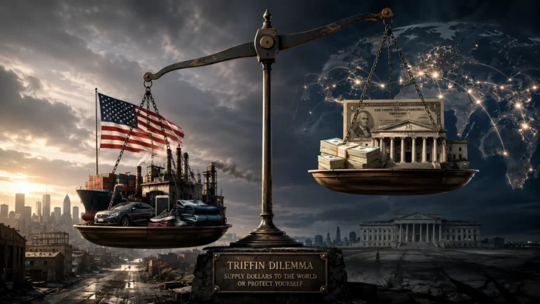A conceptual illustration of the Triffin Dilemma showing the balance between US trade deficits and global dollar liquidity.