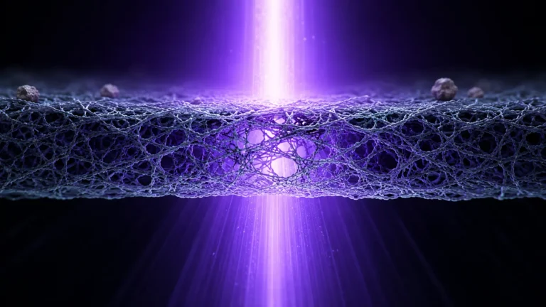 A conceptual microscopic view of a carbon nanotube (CNT) EUV pellicle protecting a semiconductor photomask from 13.5nm light.