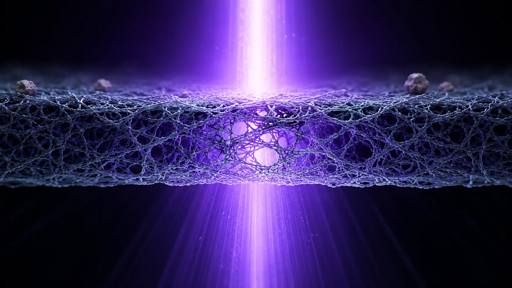A conceptual microscopic view of a carbon nanotube (CNT) EUV pellicle protecting a semiconductor photomask from 13.5nm light.