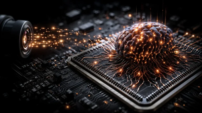 A conceptual visual of a Spiking Neural Network (SNN) neuromorphic processor powering an autonomous edge robotics system.