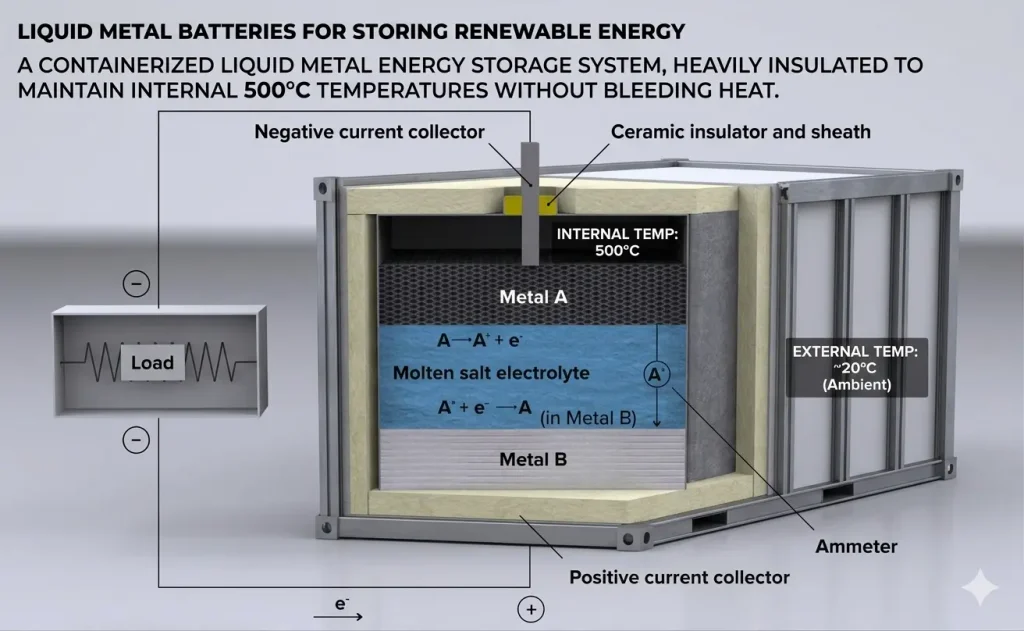 A containerized liquid metal energy storage system, heavily insulated to maintain internal 500°C temperatures without bleeding heat..