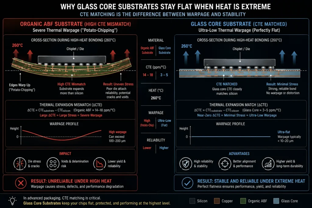 A cross-section diagram comparing severe CTE thermal warpage in organic ABF substrates versus flat Glass Core Substrates.