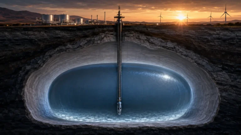 A cross-section diagram of an underground hydrogen storage (UHS) salt cavern connected to a renewable energy grid.