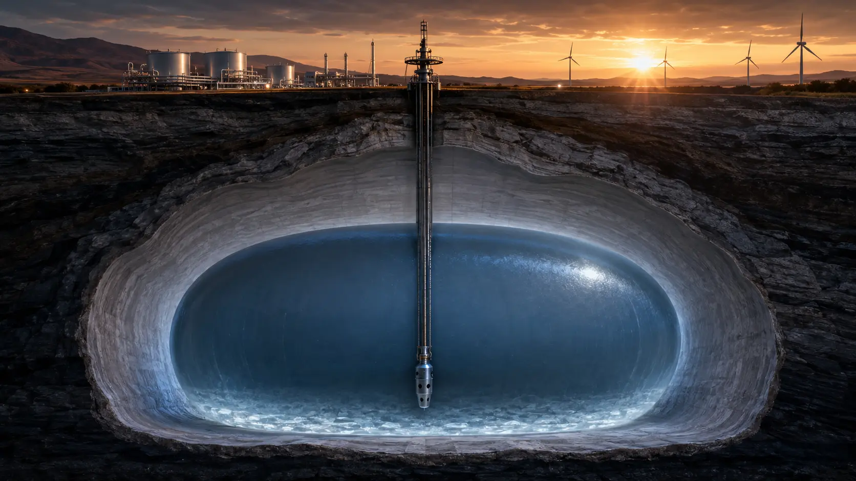 A cross-section diagram of an underground hydrogen storage (UHS) salt cavern connected to a renewable energy grid.