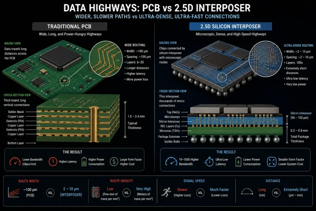 A cross-section diagram showing Through-Silicon Vias (TSVs) routing data vertically through a 2.5D silicon interposer.