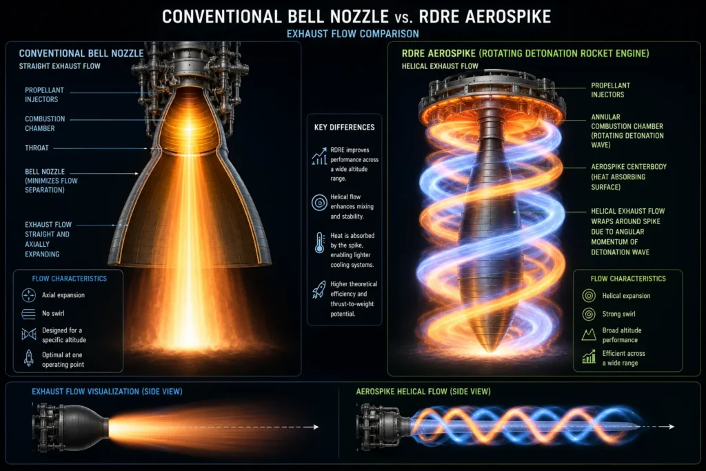 A cross-section of an RDRE paired with an aerospike nozzle to manage supersonic exhaust flow.
