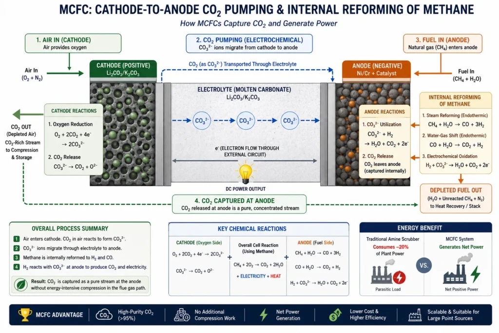 A detailed chemical flowchart illustrating the cathode-to-anode CO2 pumping process