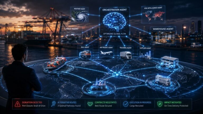 A digital dashboard showing agentic supply chain orchestration rerouting global cargo ships using autonomous AI agents.