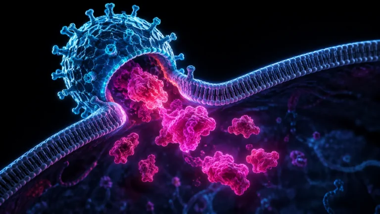 A digital rendering of an Engineered Virus-Like Particle (eVLP) delivering CRISPR RNPs into a human cell via membrane fusion.