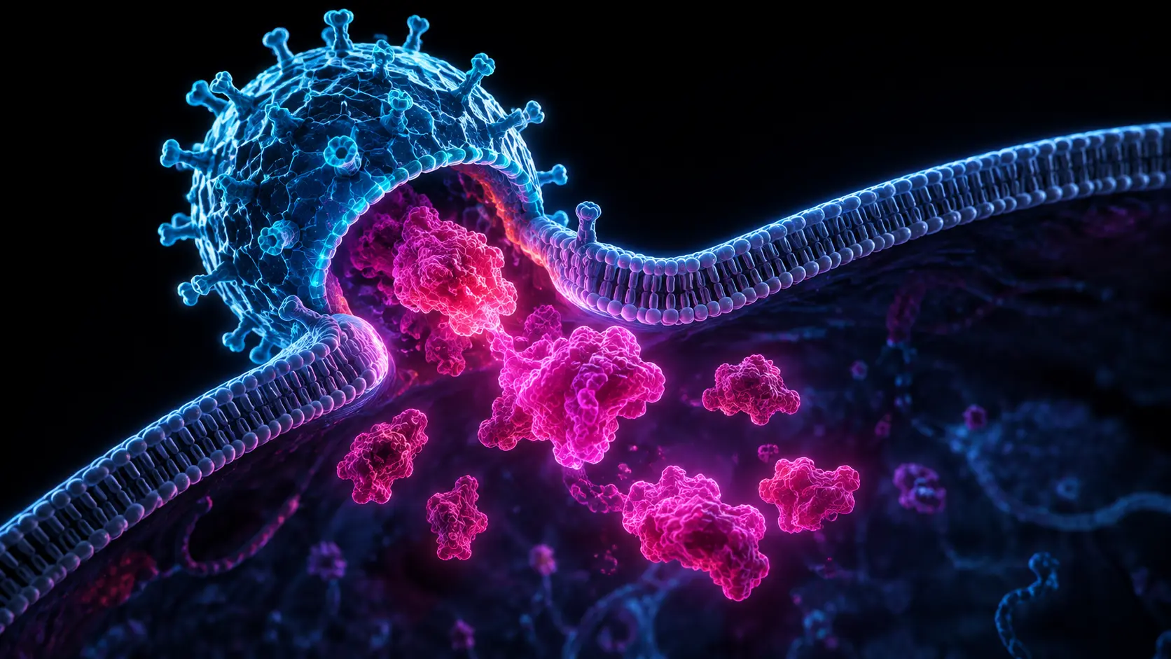 A digital rendering of an Engineered Virus-Like Particle (eVLP) delivering CRISPR RNPs into a human cell via membrane fusion.